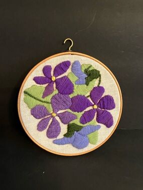 Purple Floral Embroidery Hoop Wall Hanging - vintage- handmade crewel - signed
